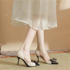 H718-33小香风拼色时装单鞋小众设计清爽夏季中空细尖头细跟女鞋